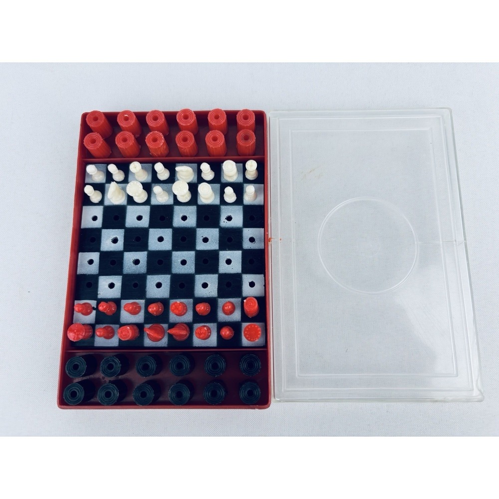 Rare Vintage 1950s Plastic Travel Chess & Checkers‎ Set YC Hong Kong Complete